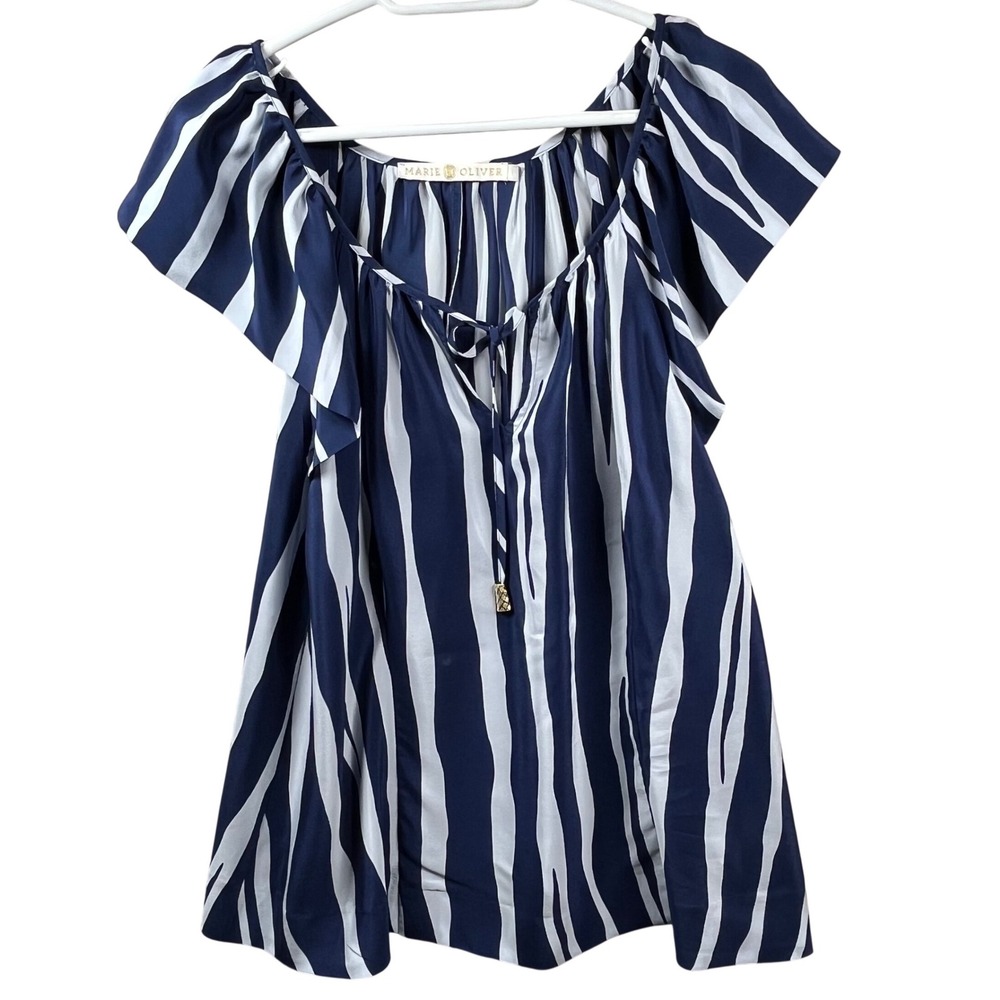 Marie Oliver Silk Blouse Womens‎ L Navy White Striped Flutter Sleeve ALTERED